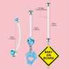 A set of elegant belly button rings featuring a silver chain and a blue gemstone pendant on a yellow sign.