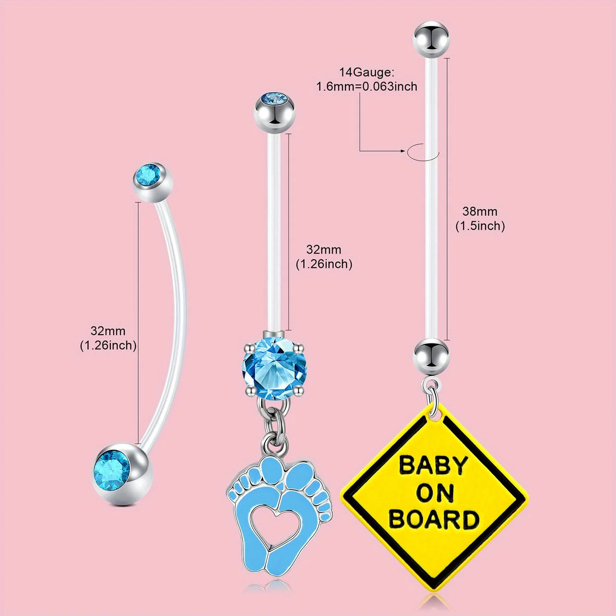 A set of elegant belly button rings featuring a silver chain and a blue gemstone pendant on a yellow sign.