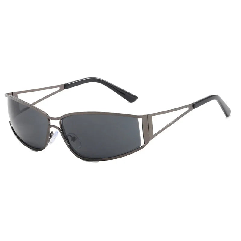 A pair of dark gray steampunk gradient mirror sunglasses with thin metal frames.