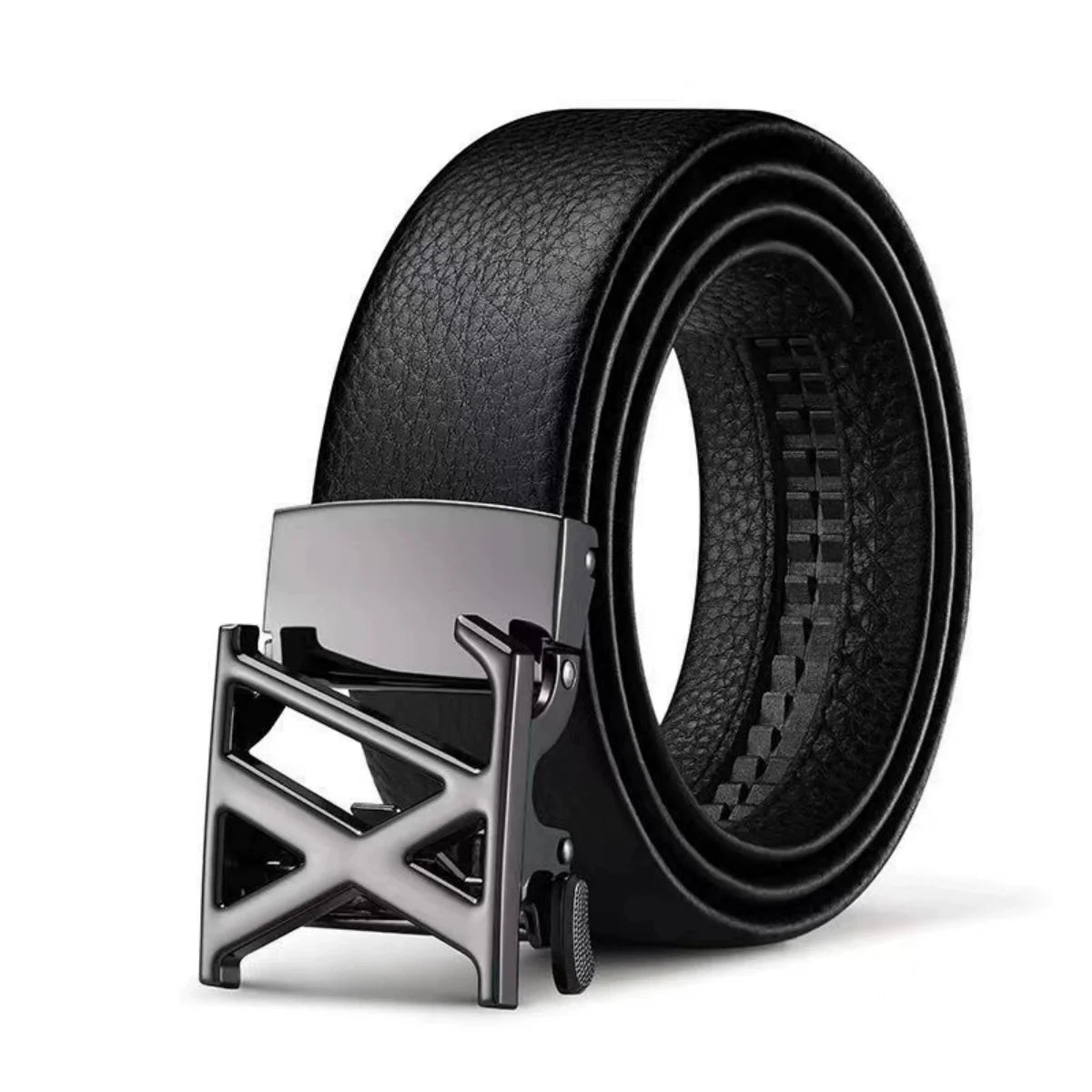 Black leather auto-lock belt with a silver metal X buckle rolled up.