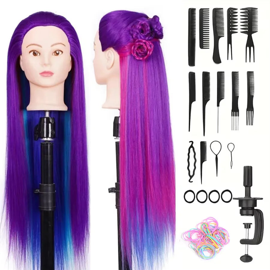A display of professional cosmetology practice mannequin heads with long purple and pink hair extensions.