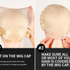 Four images showing how to tie up and wear a black nude wig cap for cosplay
