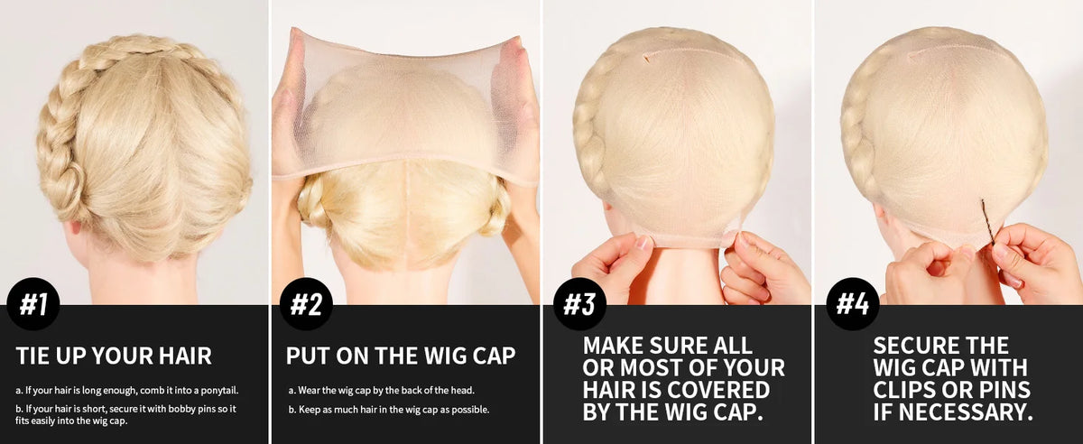 Four images showing how to tie up and wear a black nude wig cap for cosplay
