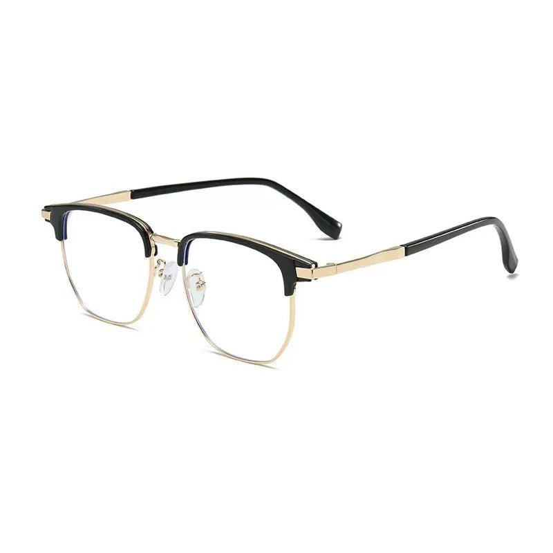 Eine schwarze und goldene Anti-Blaulicht-Lesebrille mit dünnem Rahmen.