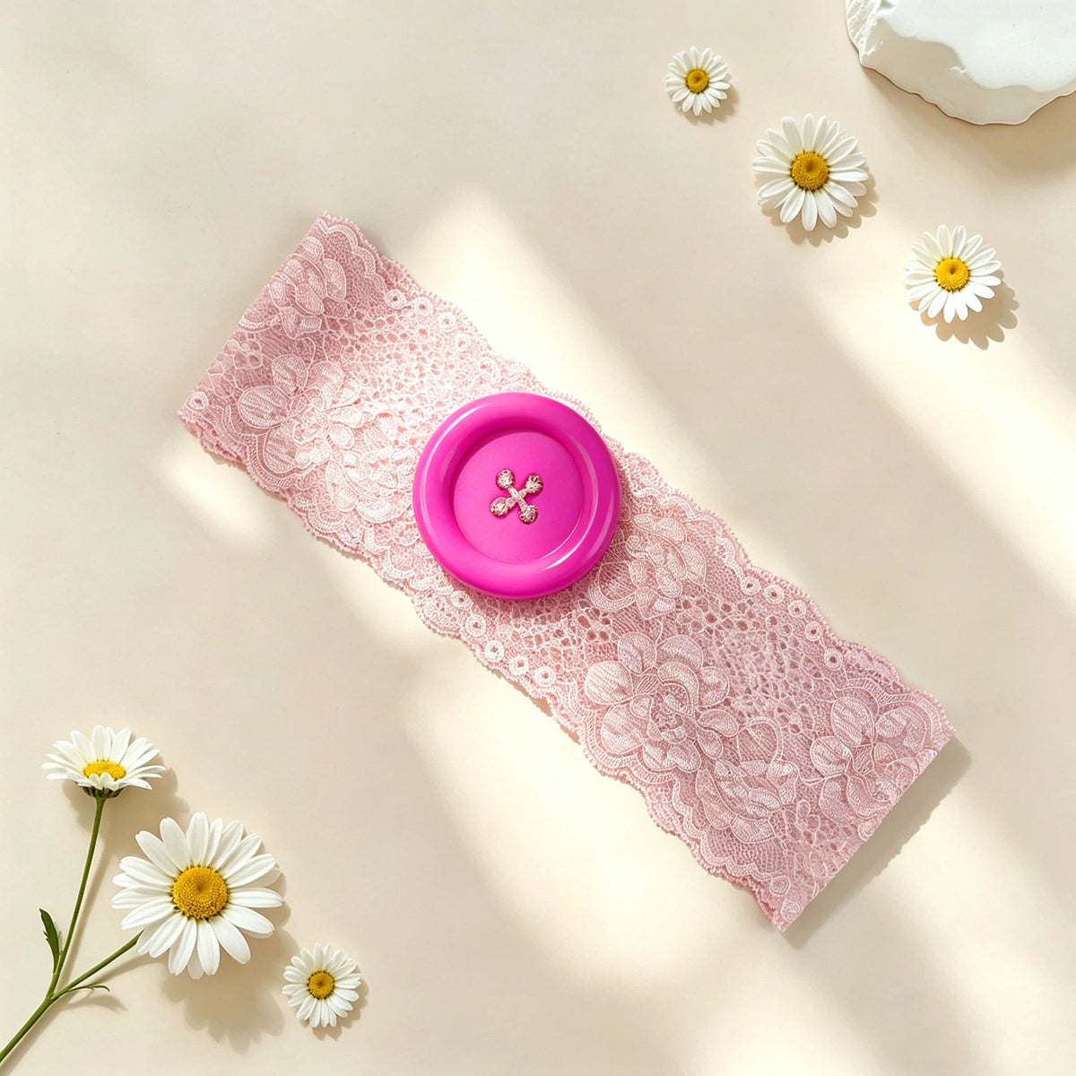 A pink lace headband with a purple polka dot button is displayed on a light background surrounded by white daisies.