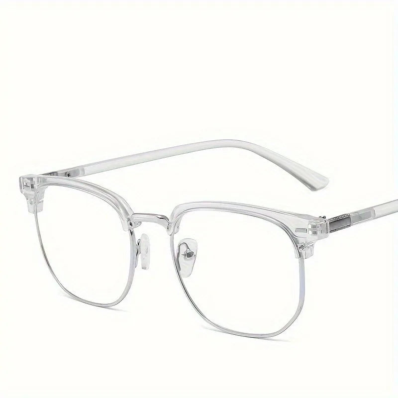 Clear acetate eyeglasses with a retro half gold frame design