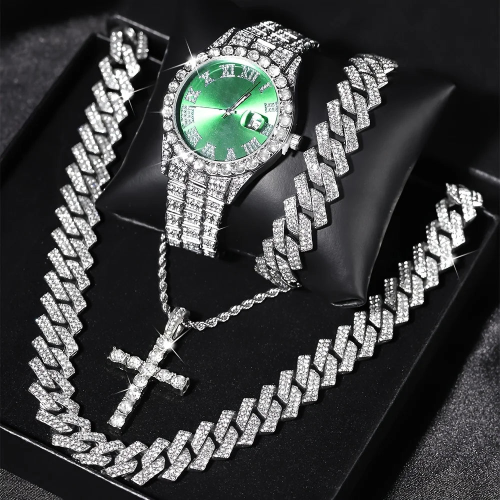 A set featuring a diamond-encrusted wristwatch and multiple gold-tone chain necklaces displayed in a black box.