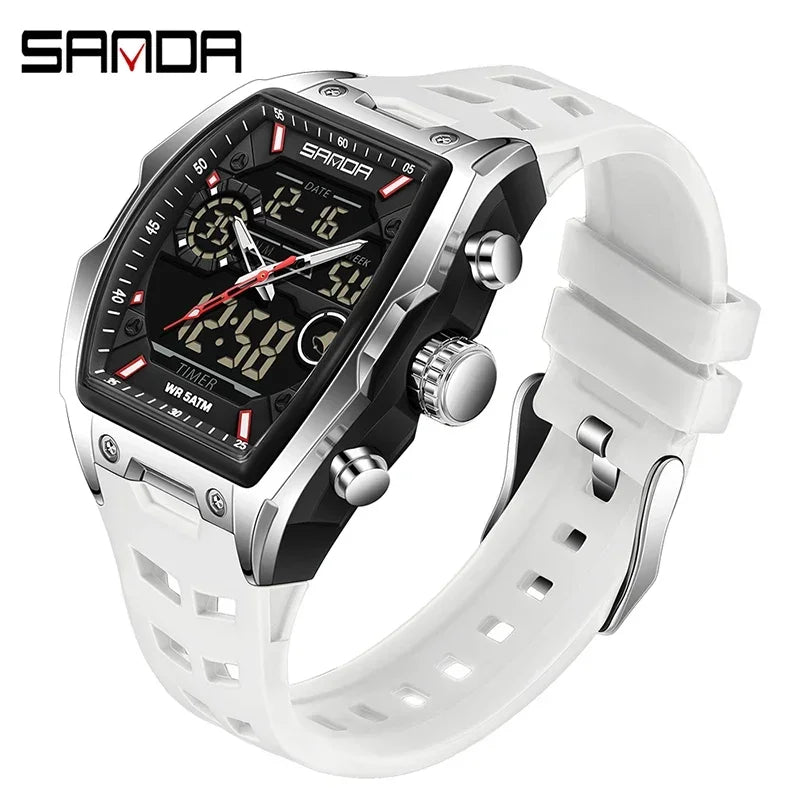 Weißes Herren-Chronographen-Armbanduhr mit silberfarbenem Gehäuse und Armband.