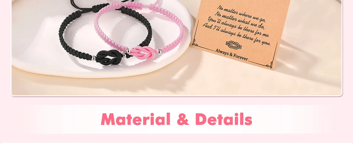 Two beaded bracelets, one black and one pink, are displayed on a white plate next to a handwritten note.