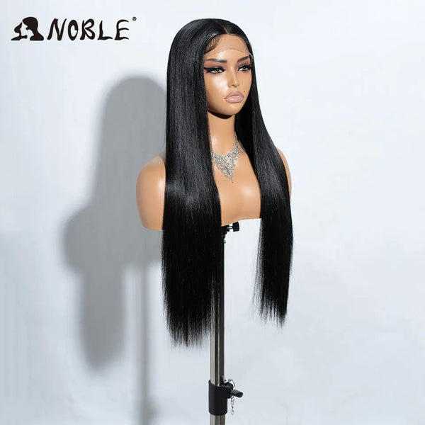 A black straight lace cosplay wig displayed on a mannequin head.