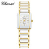 A gold and white luxury quartz couple watch with a diamond-encrusted logo on the face.