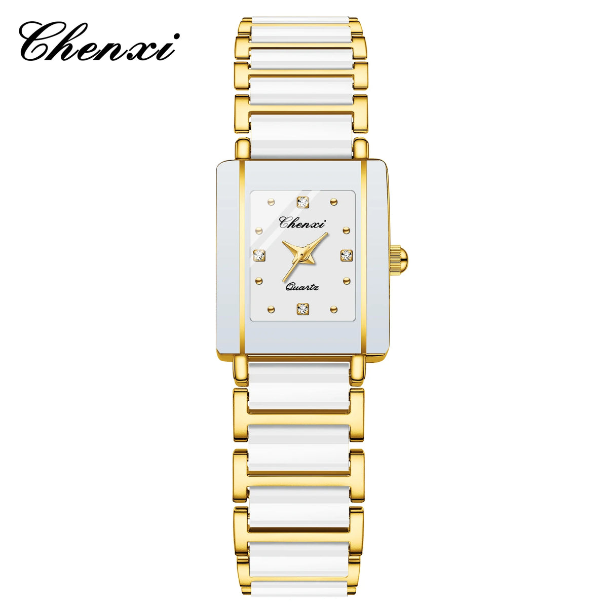 A gold and white luxury quartz couple watch with a diamond-encrusted logo on the face.