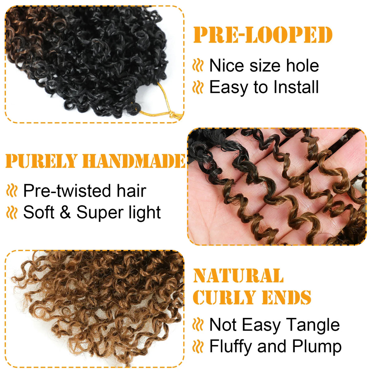 Image showing three types of pre-looped crochet hair extensions: pre-looped, purely handmade, and natural curly ends.