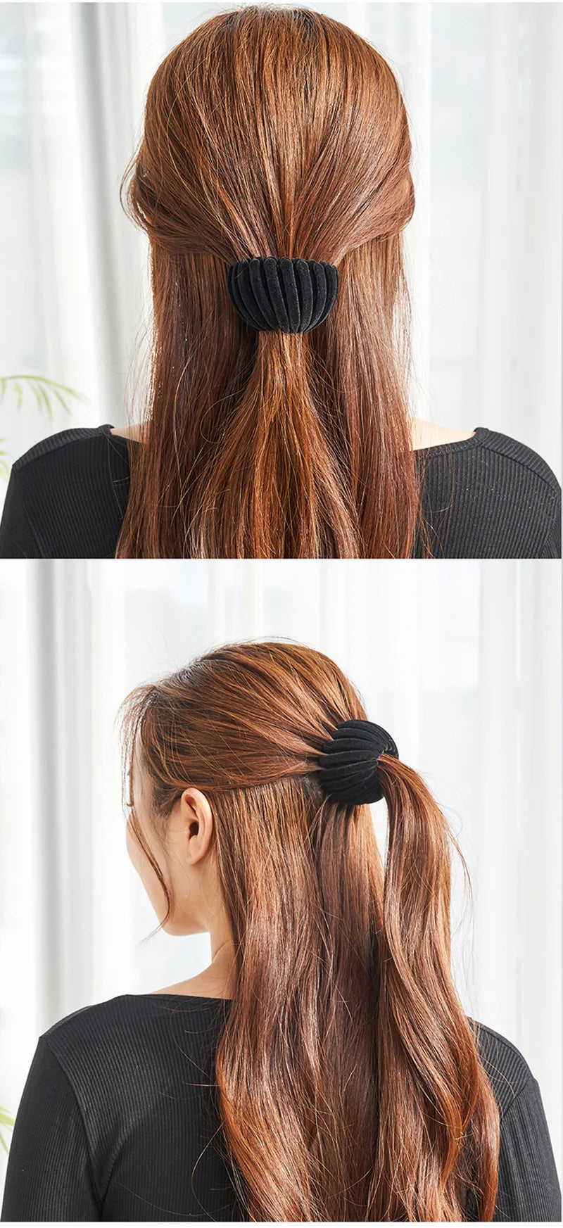 A woman is shown tying an elegant black horsetail hair clip into a ponytail on her long brown hair.
