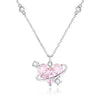 A delicate pink heart necklace featuring zircon stones and a silver chain.