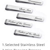A set of five brushed stainless steel tie clips engraved with titles like Groomsman, Best Man, Groom, and Father of the Bride