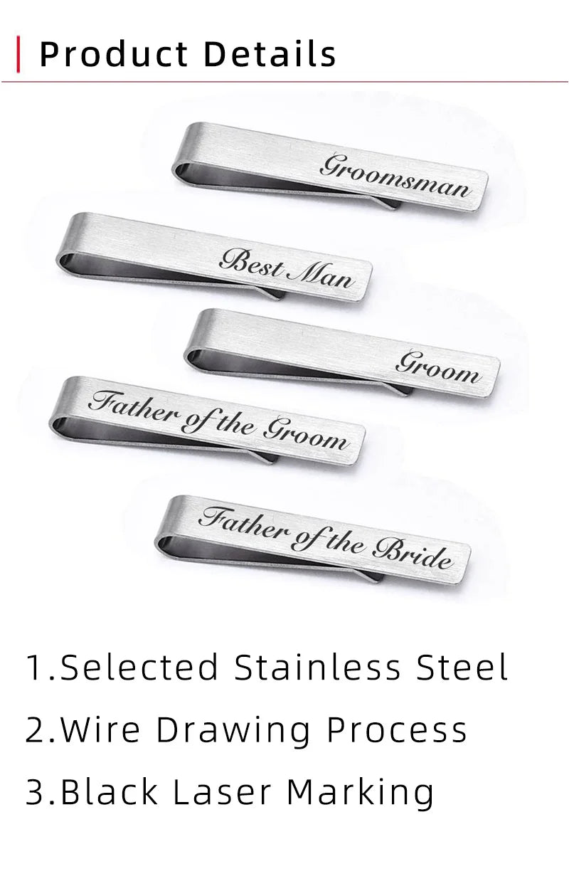 A set of five brushed stainless steel tie clips engraved with titles like Groomsman, Best Man, Groom, and Father of the Bride