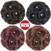 Four shades of synthetic curly hair bun clip-in hairpieces displayed on a white background.