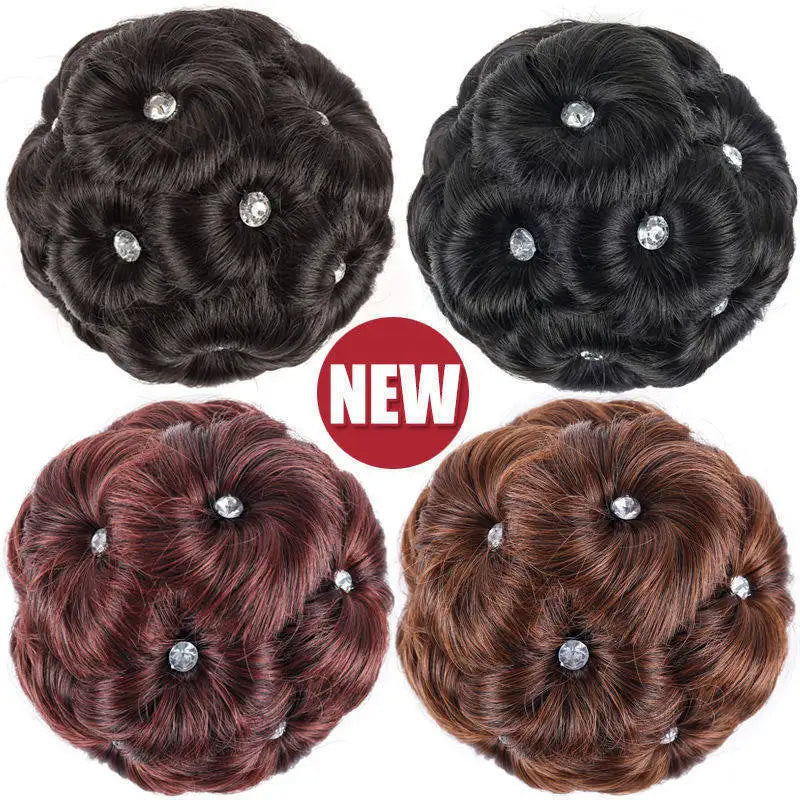 Four shades of synthetic curly hair bun clip-in hairpieces displayed on a white background.