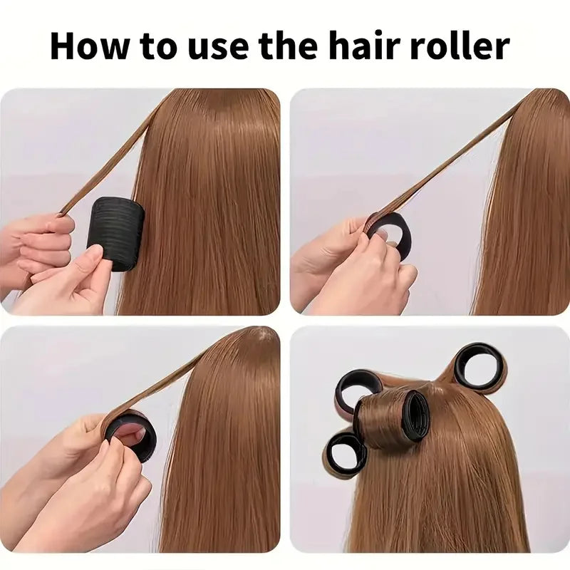Instructions showing how to use a hair roller set for curling long brown hair.