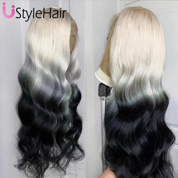 A long black body wave wig with blonde roots shown from the back and front.