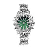 A silver quartz wristwatch featuring a dragon scale design on the bezel and a dark green dial.