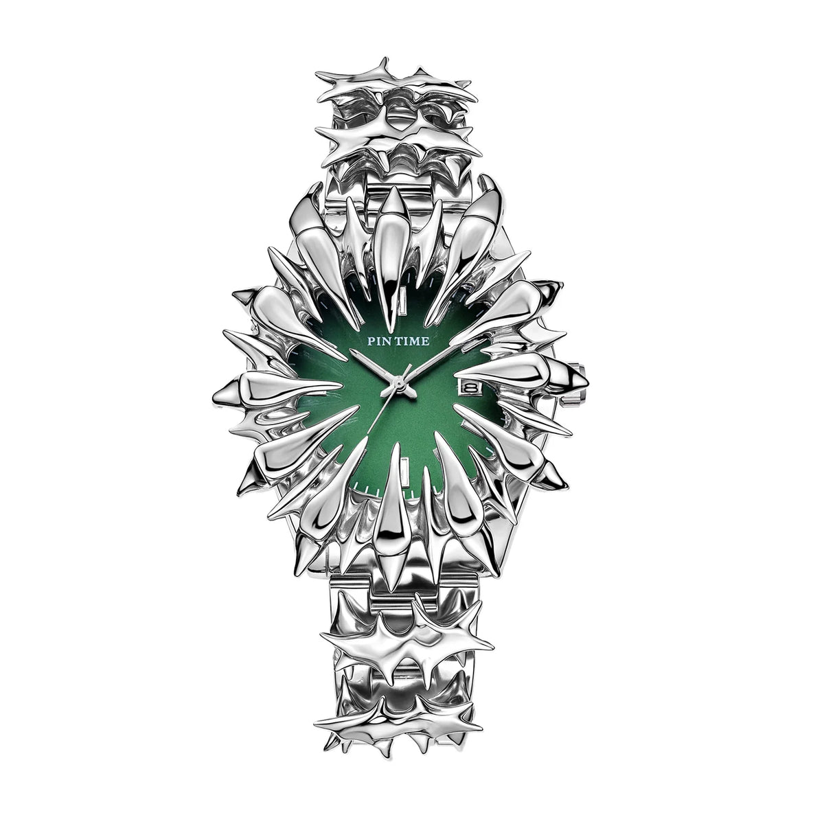 A silver quartz wristwatch featuring a dragon scale design on the bezel and a dark green dial.