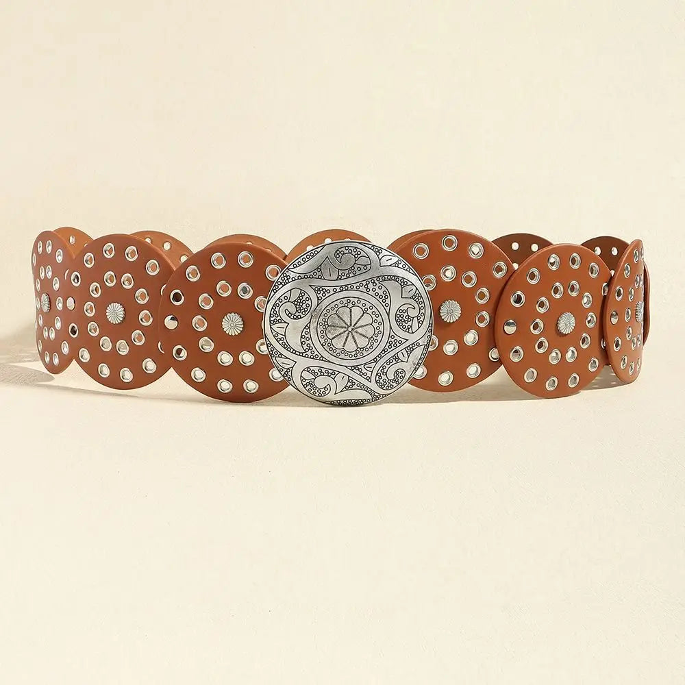 A set of vintage brown PU disc belts with silver metal buckles arranged horizontally.