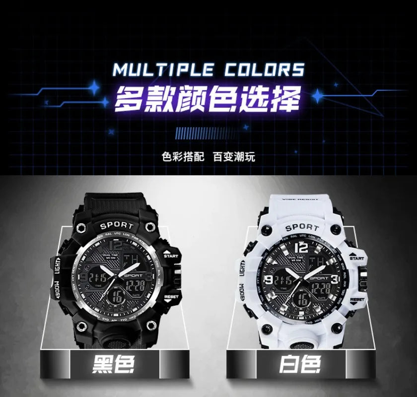 Une paire de montres sport numériques doubles homme noir et blanc sur fond sombre.