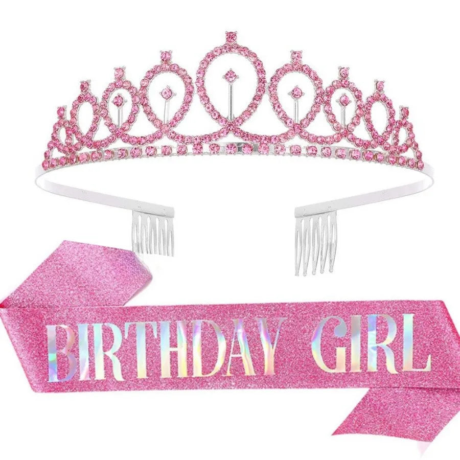 Pink glitter tiara crown and sash for a birthday girl