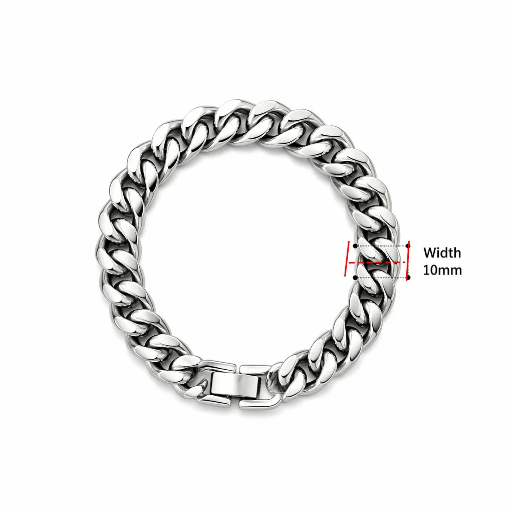 A silver stainless steel Cuban link bracelet with a width of 10mm.