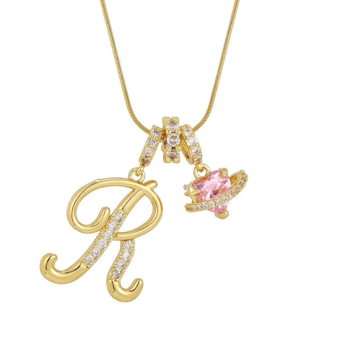 Gold letter P pendant necklace with pink gemstone charm