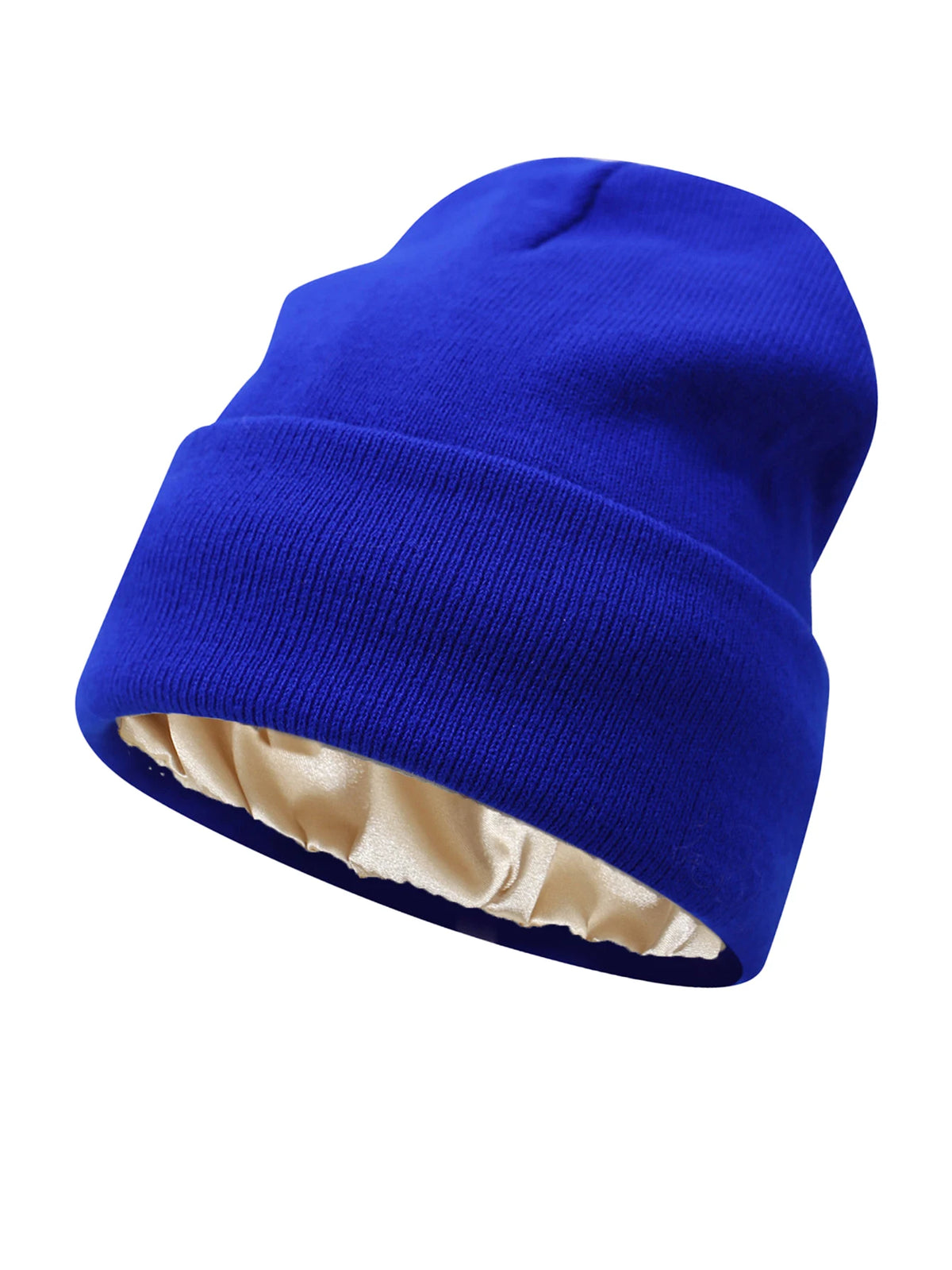 A royal blue satin-lined beanie hat shown from the side.