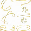 A set of six gold-plated swirl cuff armbands shown individually.
