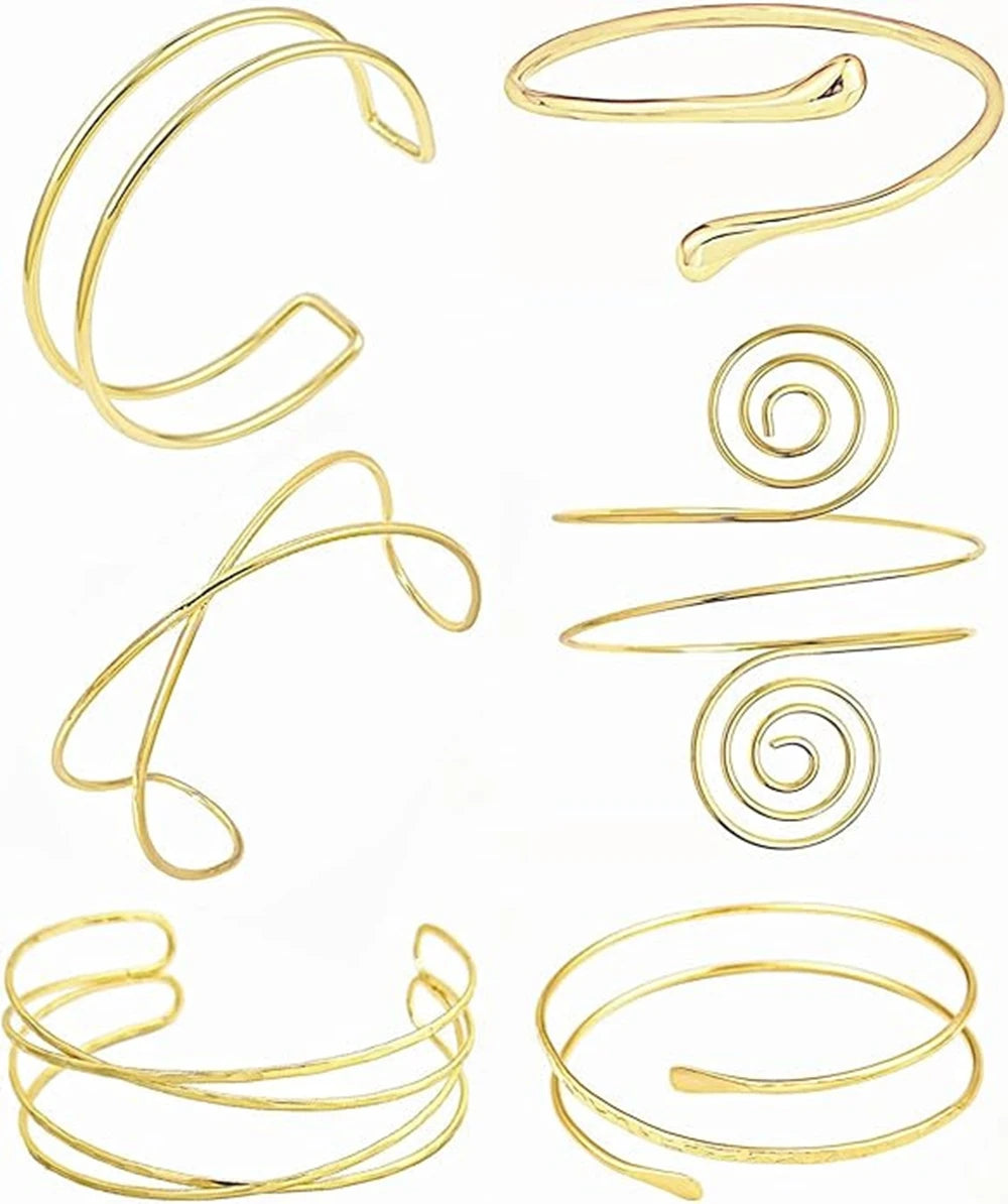 A set of six gold-plated swirl cuff armbands shown individually.