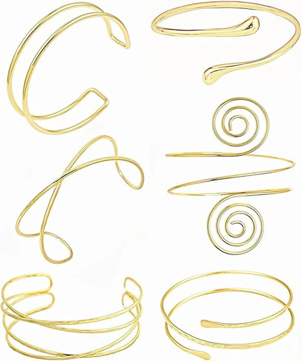 A set of six gold-plated swirl cuff armbands shown individually.
