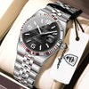 A silver and black luxury quartz wristwatch with a metal bracelet is displayed in a light-colored box.