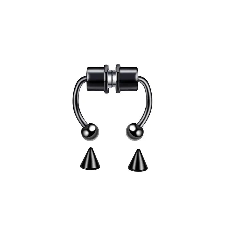 A pair of black hoop nose rings with a silver-toned connector.