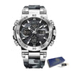 A silver luxury men's chronograph dive watch with a black dial and stainless steel bracelet displayed on a white background.