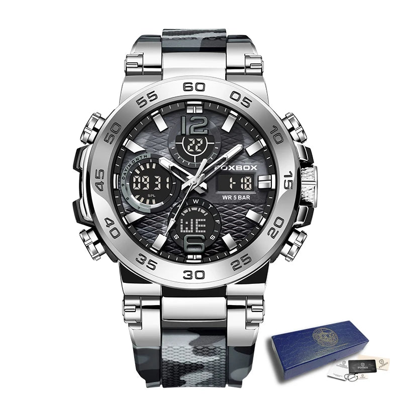 A silver luxury men's chronograph dive watch with a black dial and stainless steel bracelet displayed on a white background.