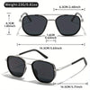 A pair of black square sunglasses with silver frames and arms shown in various dimensions.