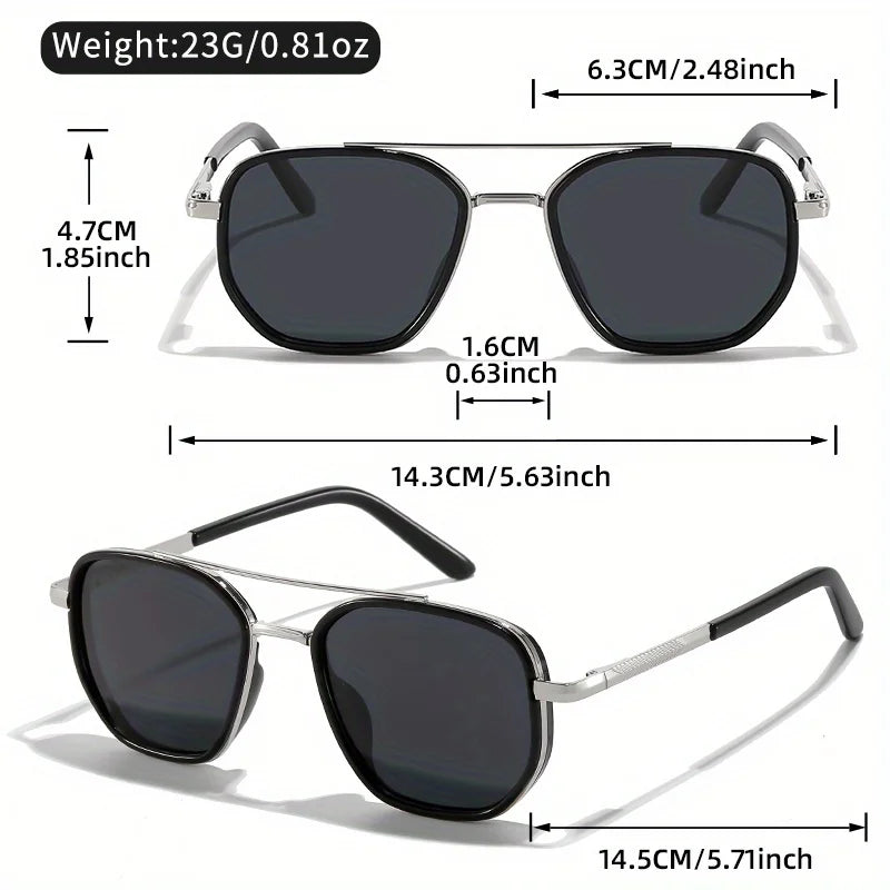 A pair of black square sunglasses with silver frames and arms shown in various dimensions.