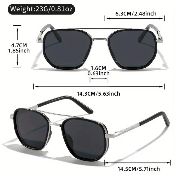 A pair of black square sunglasses with silver frames and arms shown in various dimensions.