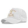 White embroidered baseball cap with a yellow Y and text on the front