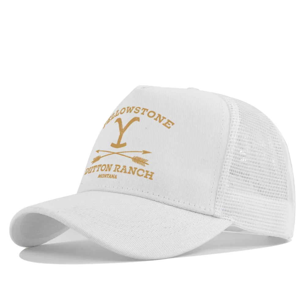 White embroidered baseball cap with a yellow Y and text on the front
