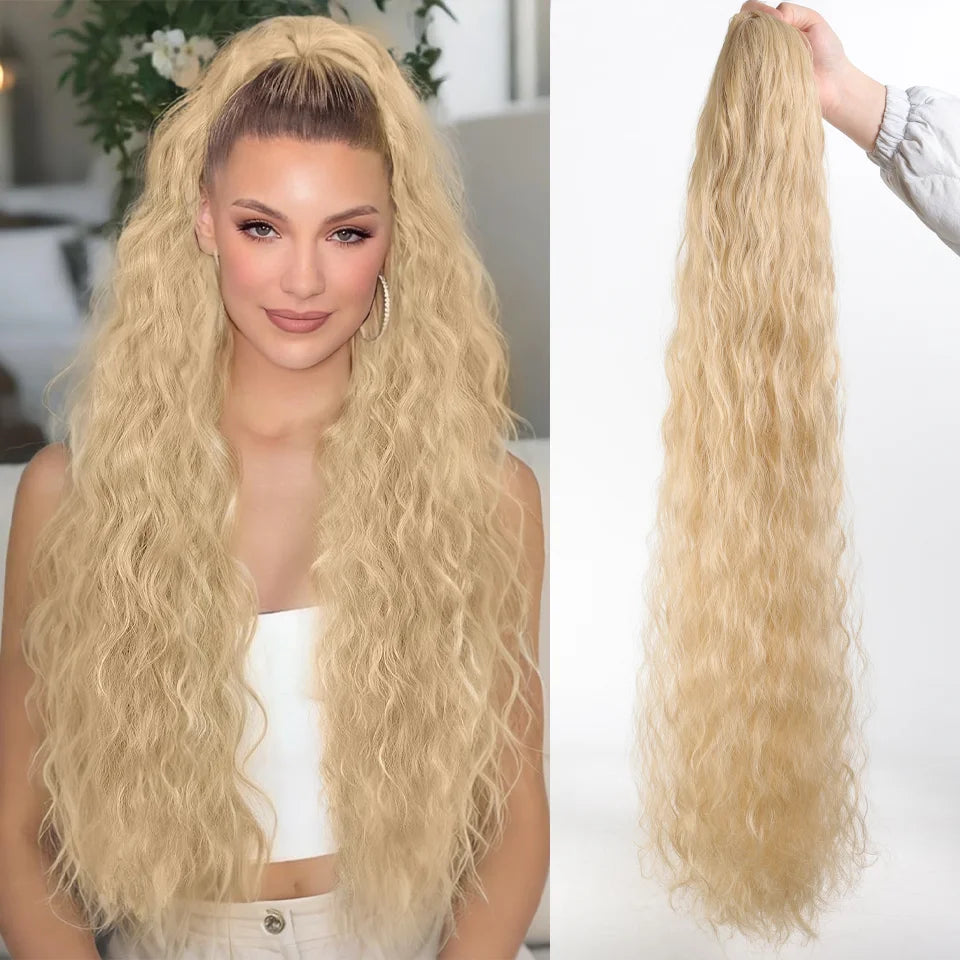 A woman models long, blonde synthetic drawstring hair extensions in a loose wavy style.