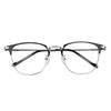 A pair of black metal eyeglasses with thin frames and clear lenses.