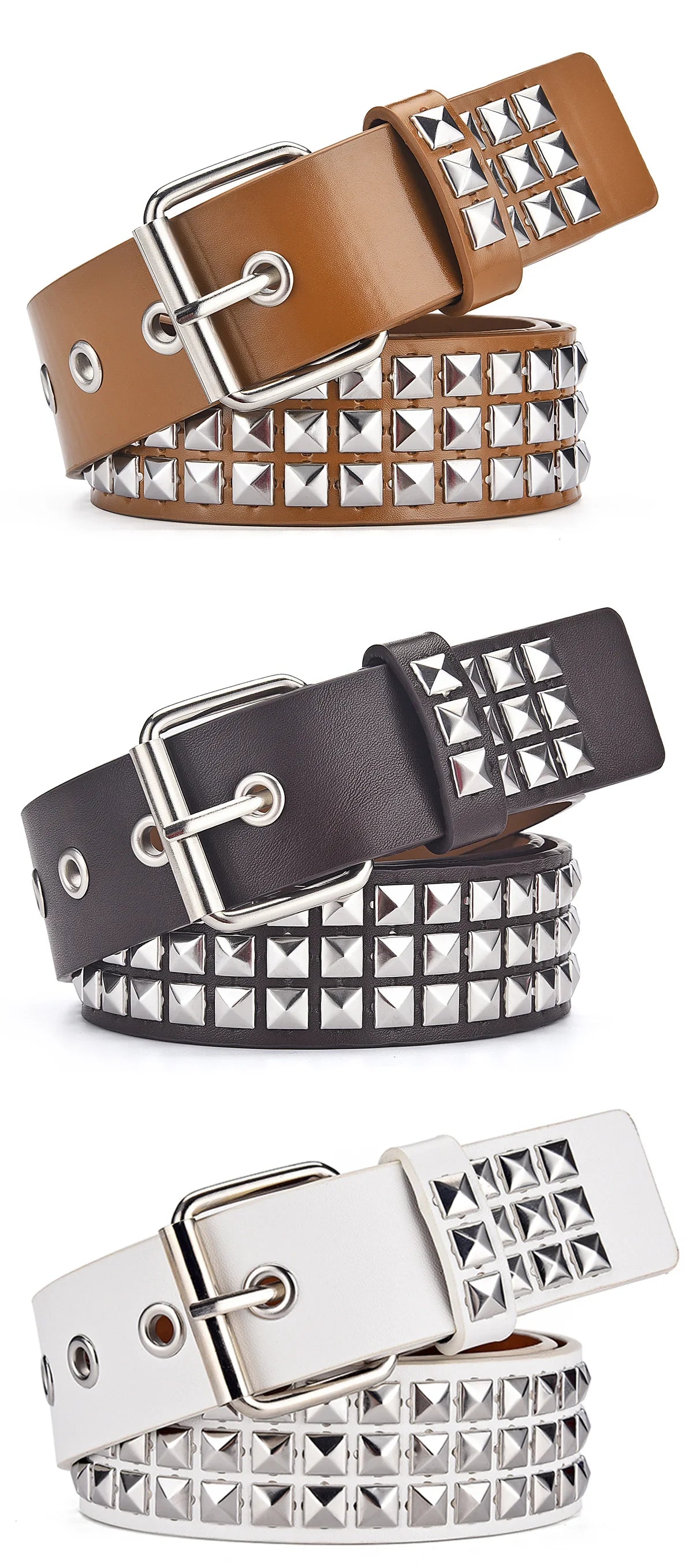 A close-up of three square bead rivet pyramid belts in brown, black, and white leather.