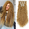 Long, wavy blonde hair extensions featuring 16 individual clips for curly waves