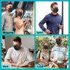 Four panels showing people engaging in shopping, sport, work, and travel while wearing disposable protective face masks.